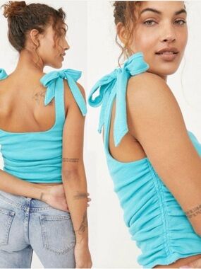 Free People Boulevard tank top,Tie-Shoulder, side scrunch, aqua fur, sz L, guc